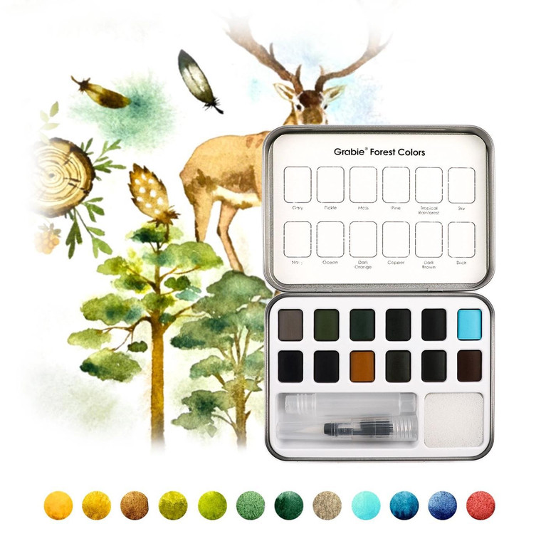 Open box of the watercolor displayed on a background watercolor image.