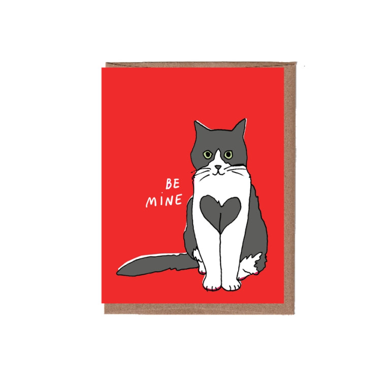 Red card, illustration of a black and white cat, text: Be Mine