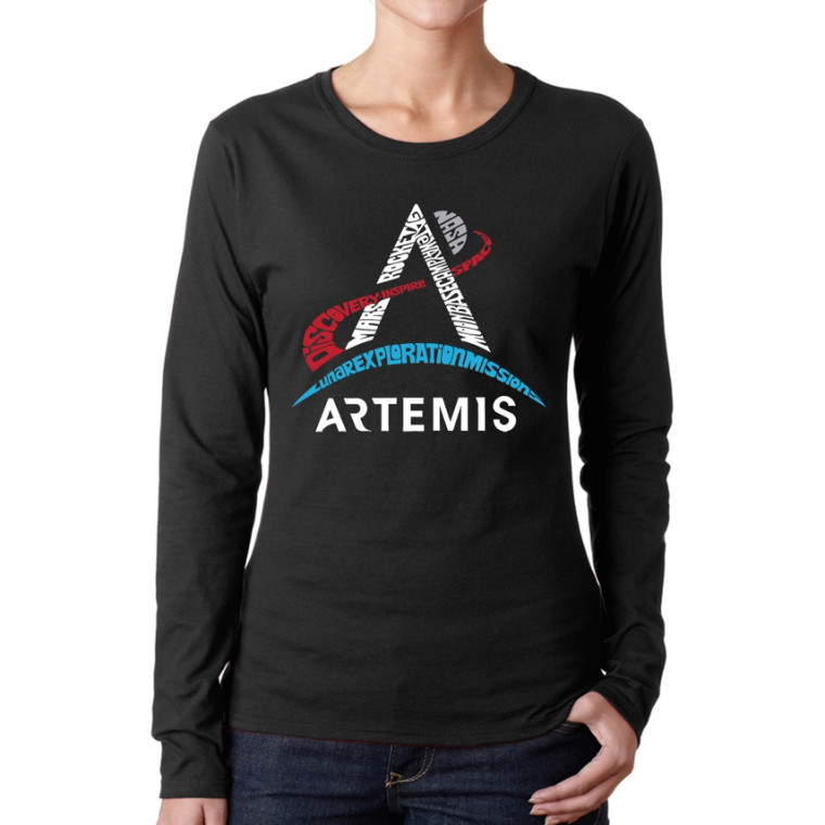 A black women's t-shirt with the logo for NASA's Artemis program rendered in word art
