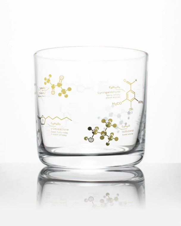A rocks glass with gold imprints of various molecules found in whiskey