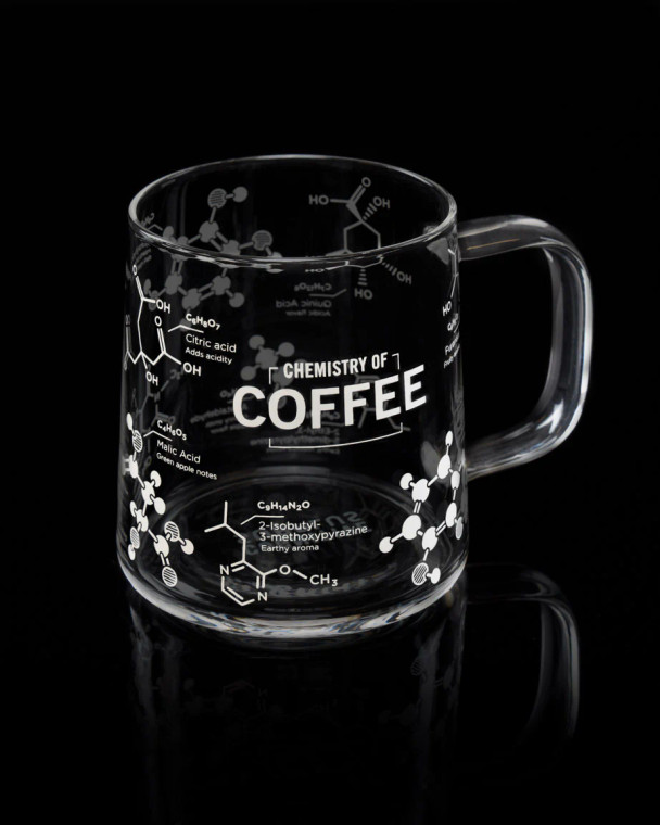 A glass mug with with imprints of various molecules found in coffee