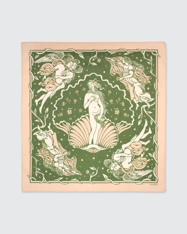 Square bandana, green and cream colored illustration of Botticelli inspired Venus.