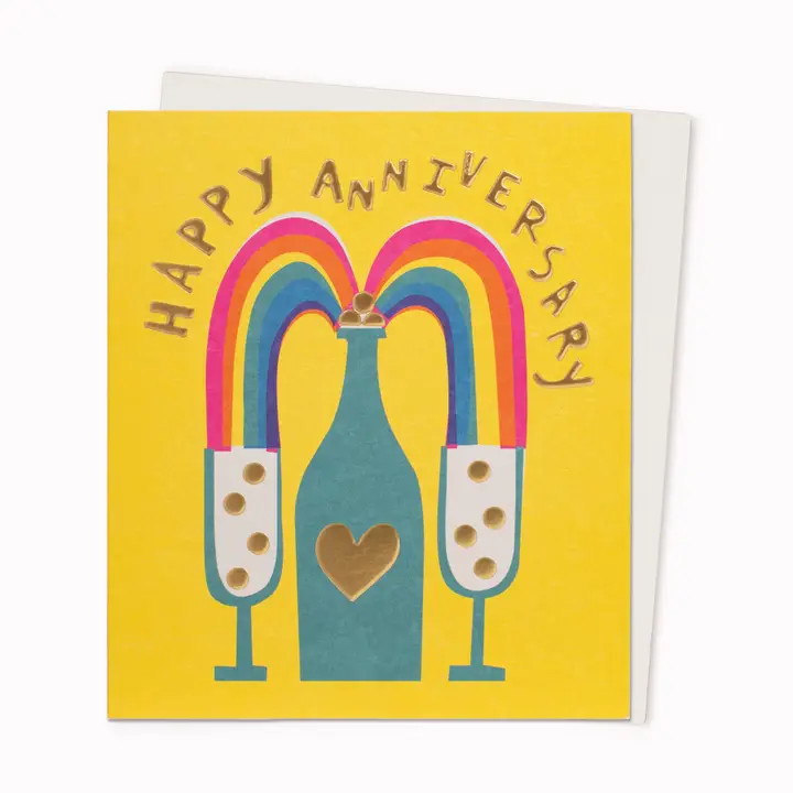 Yellow card, bottle with heart, and rainbow pouring into two glasses. Text: happy anniversary.