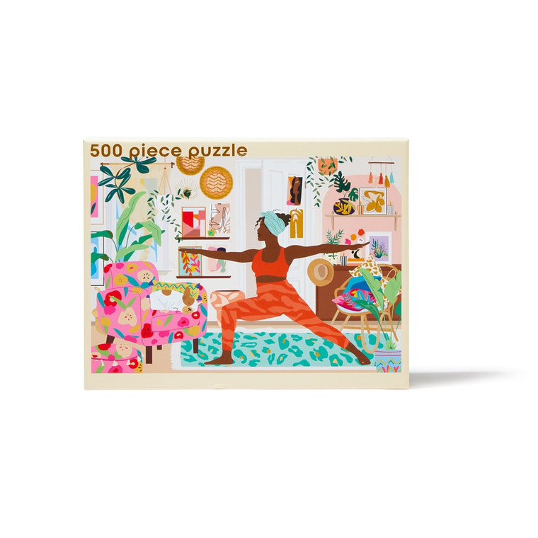 Namaste Puzzle front cover, artwork of Black woman doing Yoga.