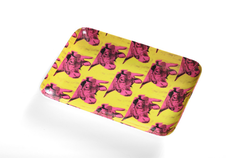 Pink cow  on yellow wallpaper art by Andy Warhol,  printed on a rounded edge trinket tray