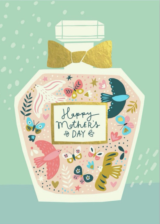mint green card, illustration of a perfum bottle filled with butterflies and birds in pastel colors, text: Happy Mother's Day