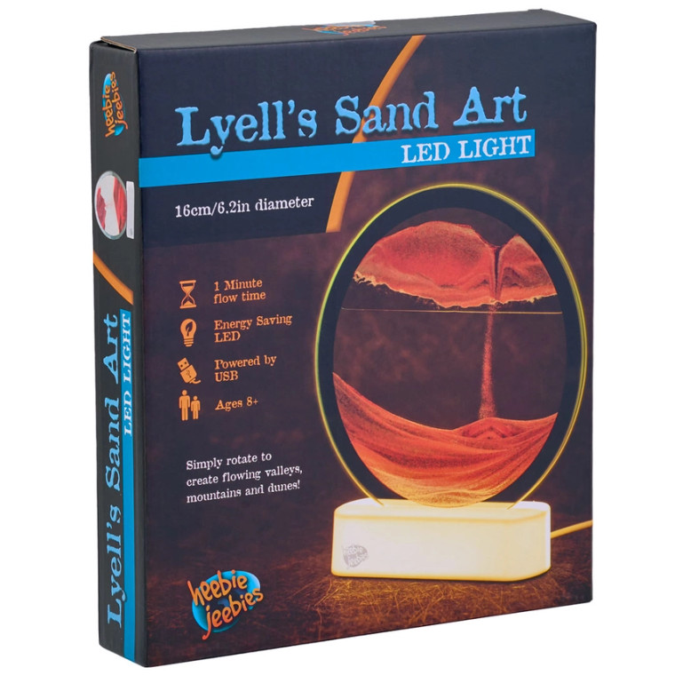 A box with a photo of a lyell sand art disk on a lit LED base