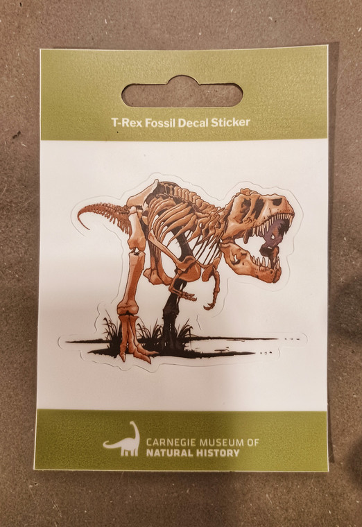 A photo of the sticker. Features a colored illustration of the CM 9380 Tyrannosaurus skeleton roaring over a patch of black foliage. White background and border.