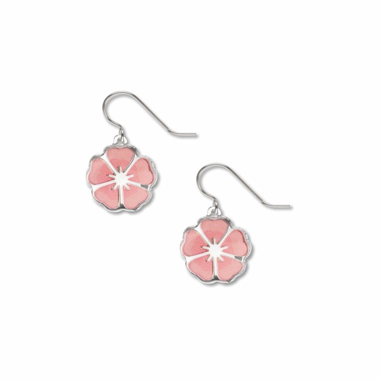 Image of earrings; pink cherry blossom with silver border and background.