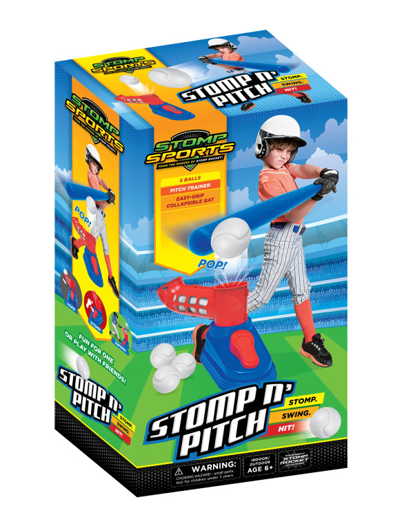A boxed stomping pitch trainer with a photo of a childe playing with it