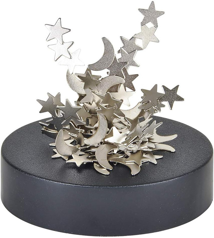 A magnetic scuplture made from small metal stars and crescent moons