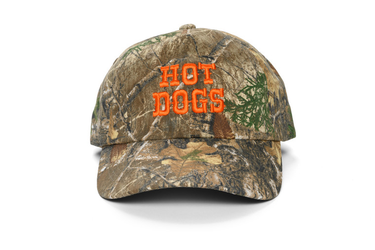 official camo pattern with orange embroidery that says Hot Dog