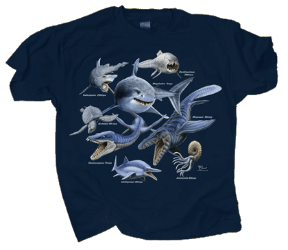 Navy t-shirt features prehistoric sea-dwellers illustrated in bold natural history style. The lineup of ancient marine predators includes Megalodon, Mosasaur, Dunkleosteus, Helicoprion, Archelon, and more. Each species is labeled with its name and geologic era.