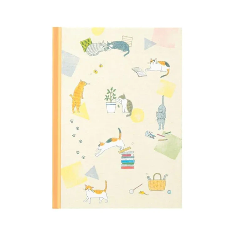 front view, cream colored cover printed with adorable cat illustrations
