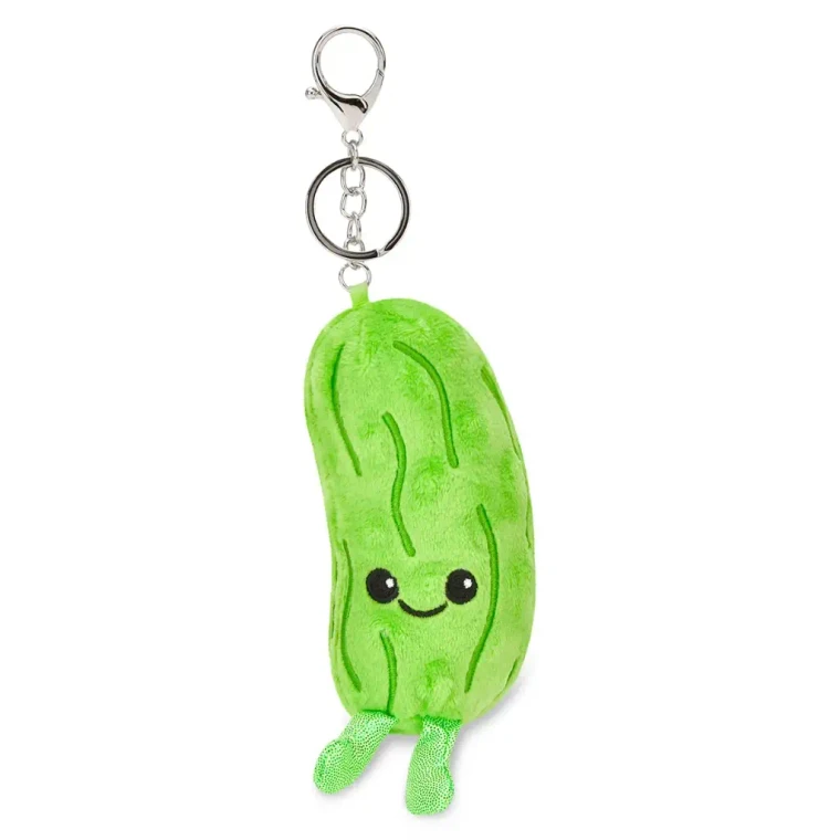 smiling Green pickle shaped plush bag charm, silver hardware.