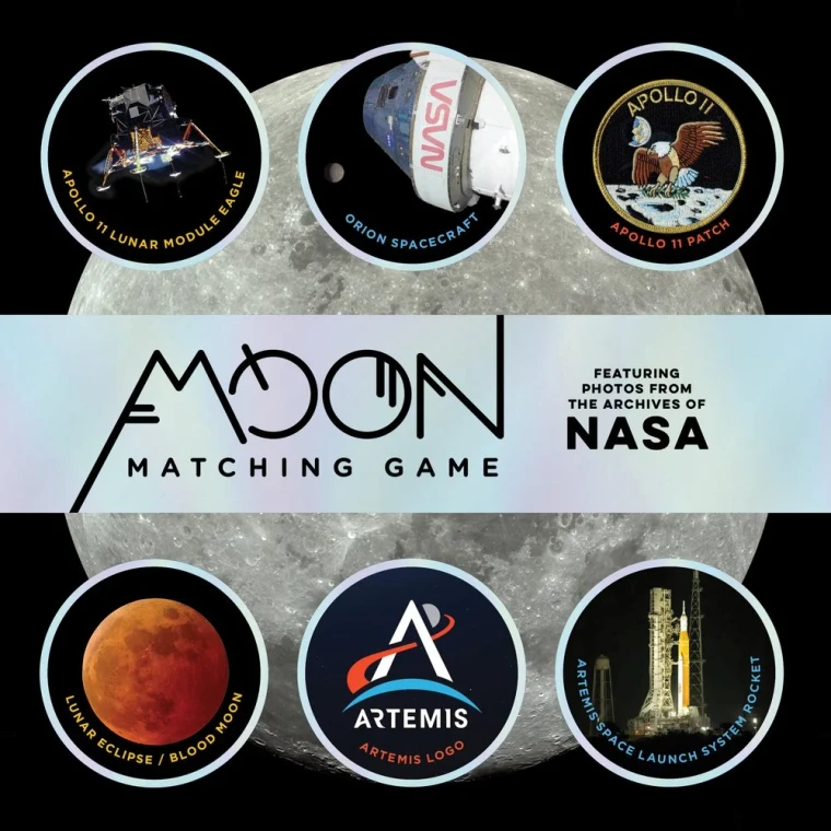 A black box with NASA photos of the moon and lunar spacecraft