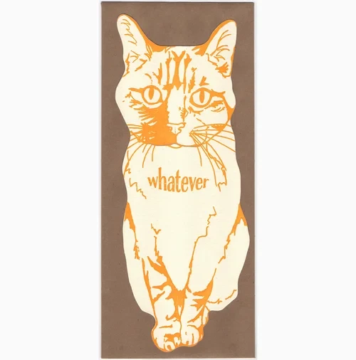 Cat shaped die cut letterpress flat card, details in neon orange ink.