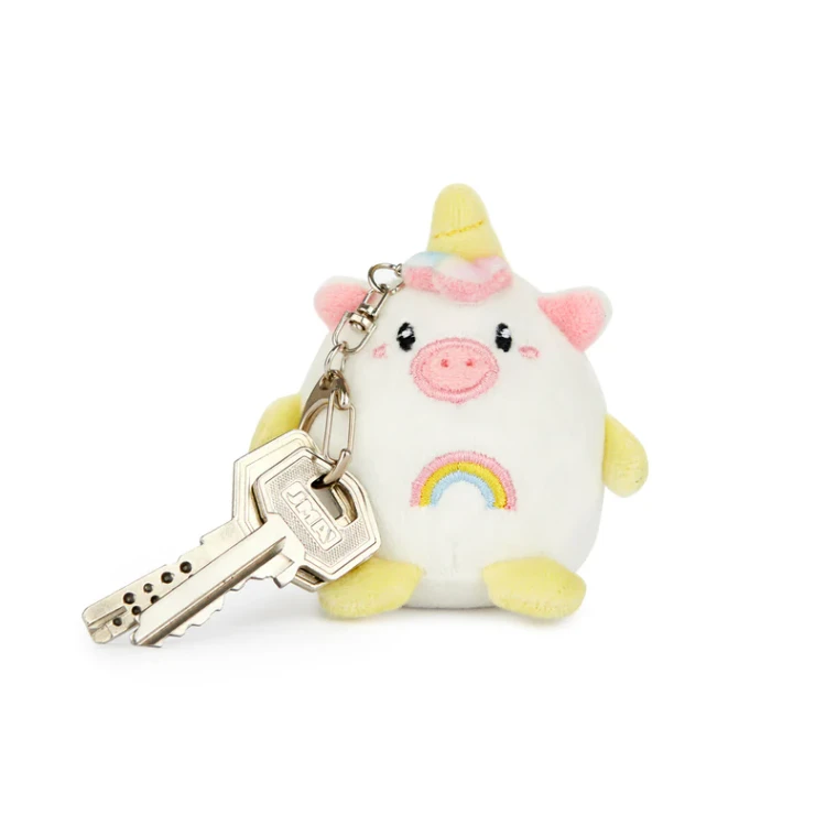 Keychain, white unicorn plush toy with pink, yellow, and blue details. Photographed unboxed.