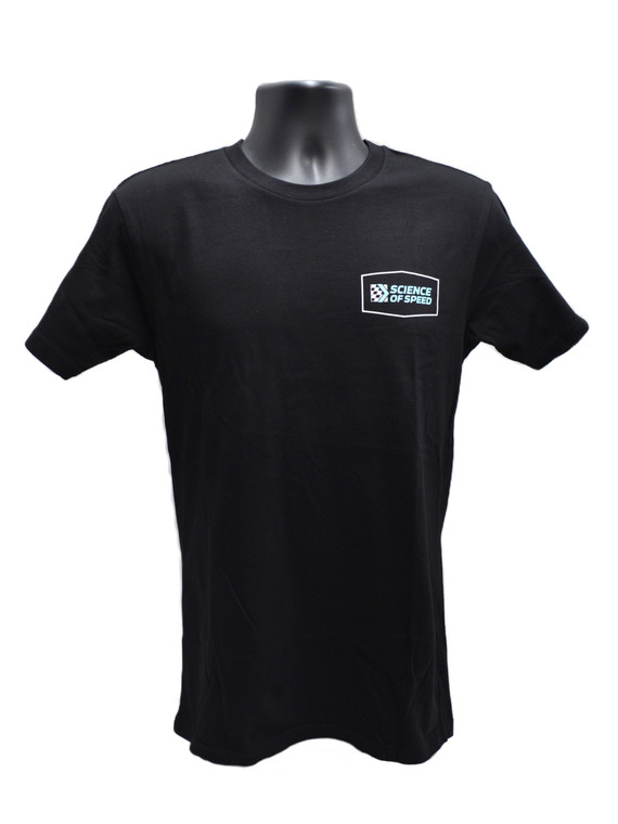 A black t-shirt with the Science of Speed logo in the left chest