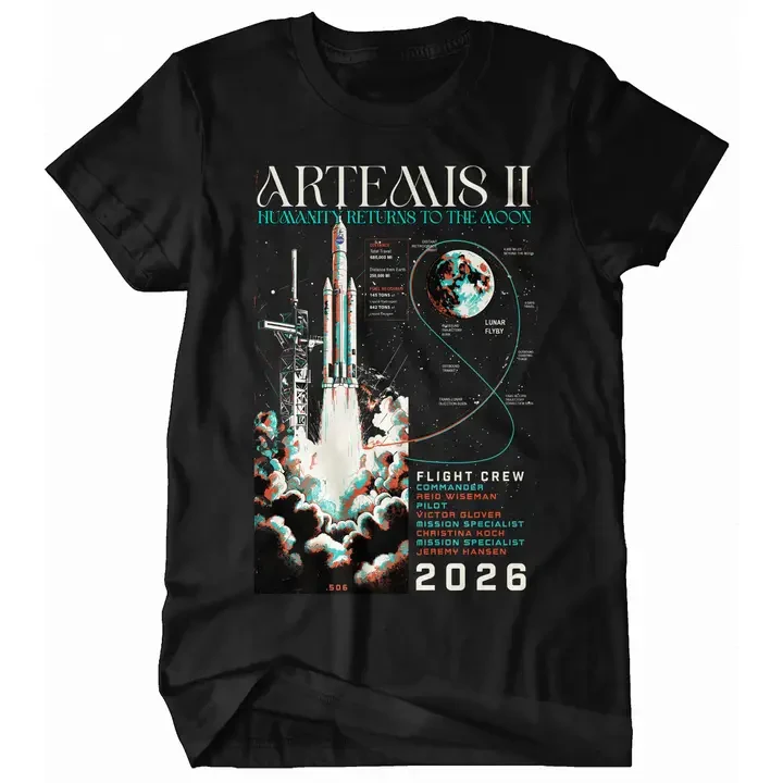A black t-shirt with artwork of the launch of Artemis II and mission statistics