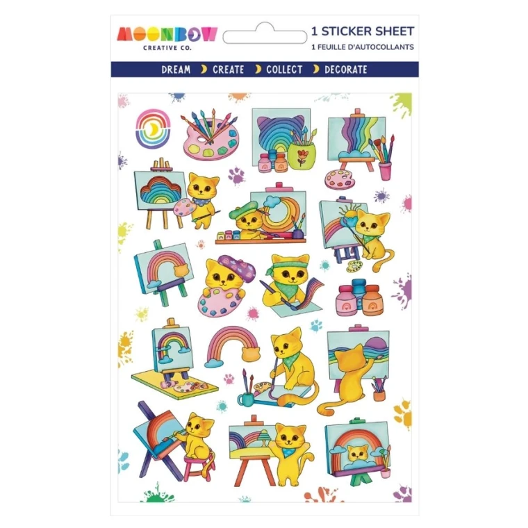 An artsy cat theme sticker sheet doing art activities.