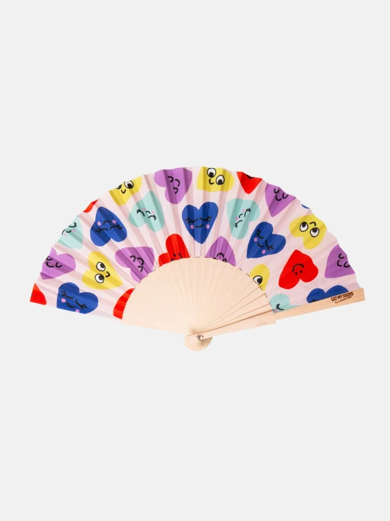 Summer Love Hand Fan with multicolored hearts with faces