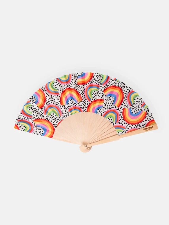 Happy Days Hand Fan with rainbows and black dots on it