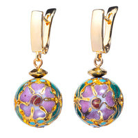 Cloisonne hug earrings. Blue and pink flowers with gold detail.