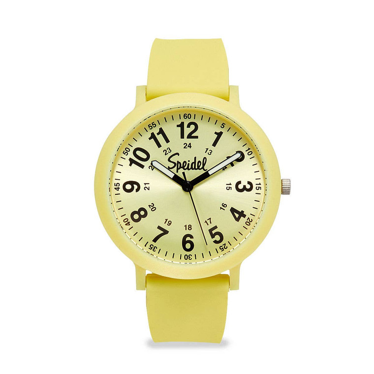 Yellow analog watch featuring large easy to read numbers. Speidel logo placed on the top center of watch face.