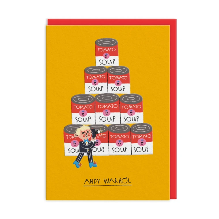 Golden yellow colored card with an illustration of Andy Warhol in front of a tower of soup cans.