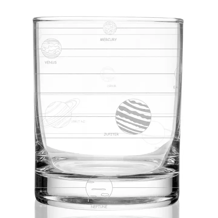 A whisky glass with the 8 planets of the SOlar System etched into it