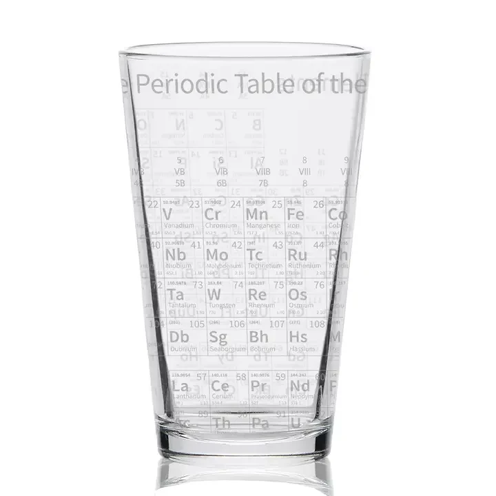 A pint glass with the Periodic Table of Elements laser engraved into it