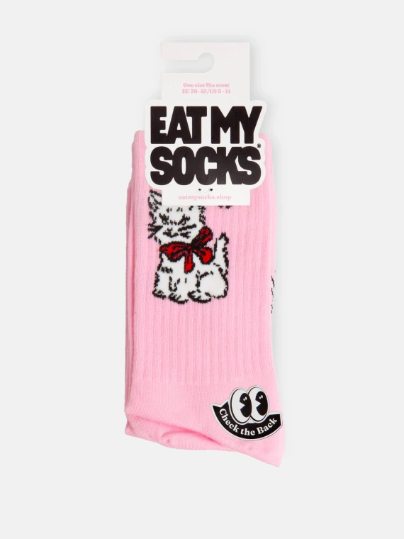 A pair of pink socks with illustration of a vintage white cat with red bowtie on neck.