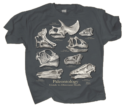 An image of the shirt; it is a medium gray base with eight iconic dinosaur skulls featured over its front. Each is labeled with its name, size, and era. The text "Paleontology" and "Guide to Dinosaur Skulls" is found beneath these images.