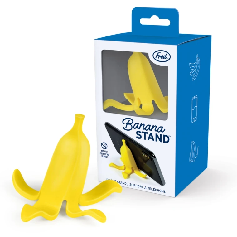Yellow Banana Phone Stand and packaging