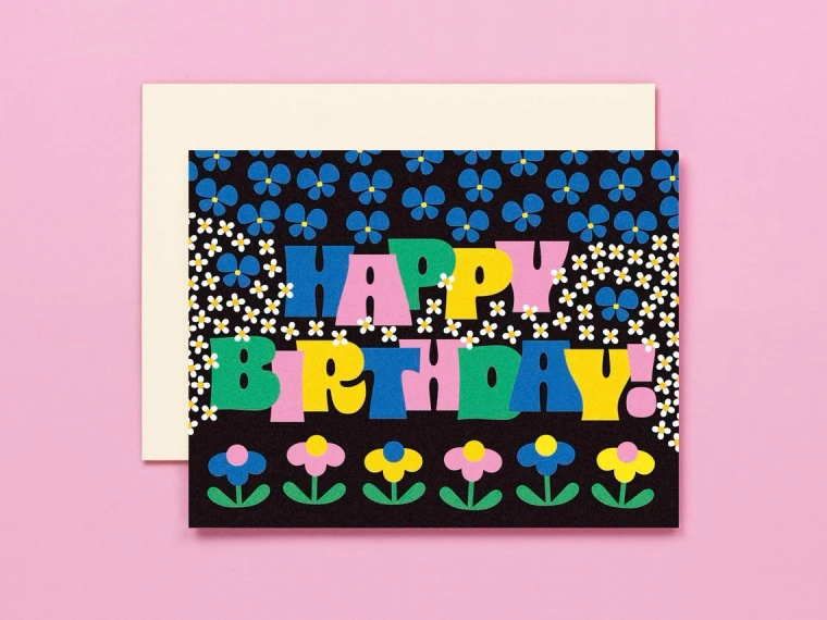 Retro Flowers Birthday Card