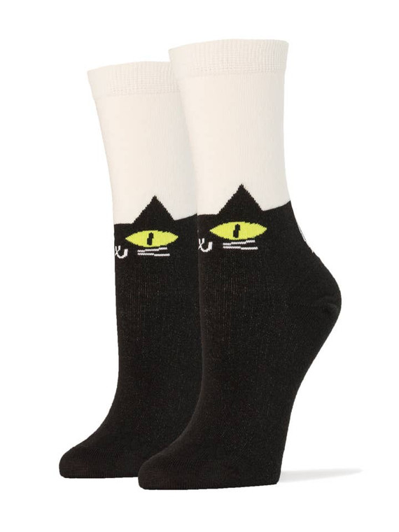 An image of the socks. The upper portion is white, while the lower is black, creating the image of a cat. It has yellow eyes. White lines shape the cat's face, giving it the classic :3 expression. The cat's upright and curled tail is visible on the back of the sock.