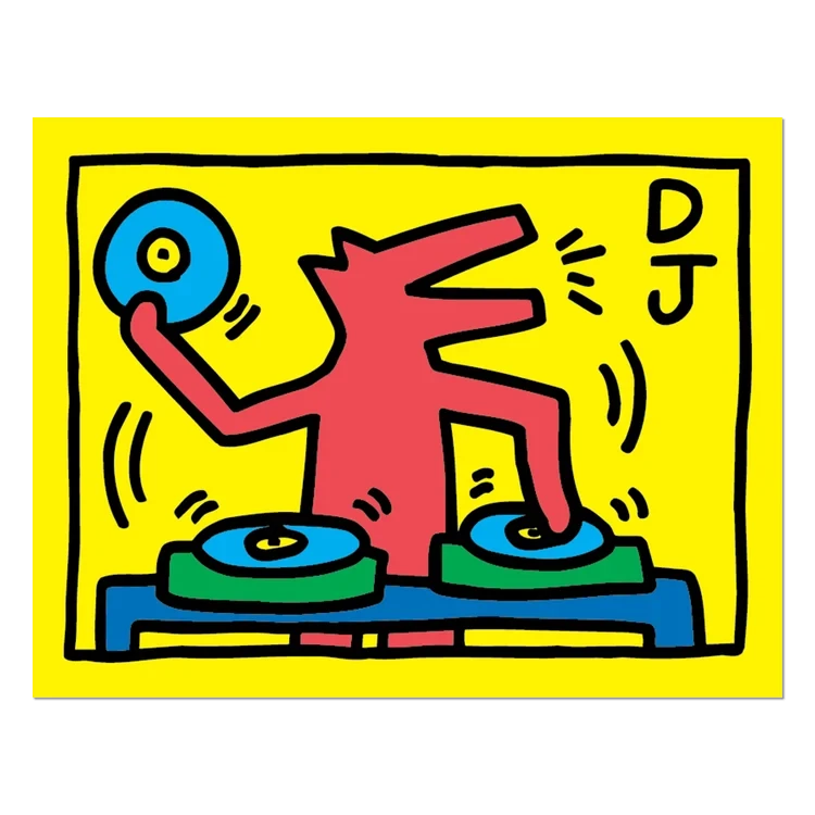 Keith Haring DJ Dog Sticker with a red dog DJing on a yellow sticker