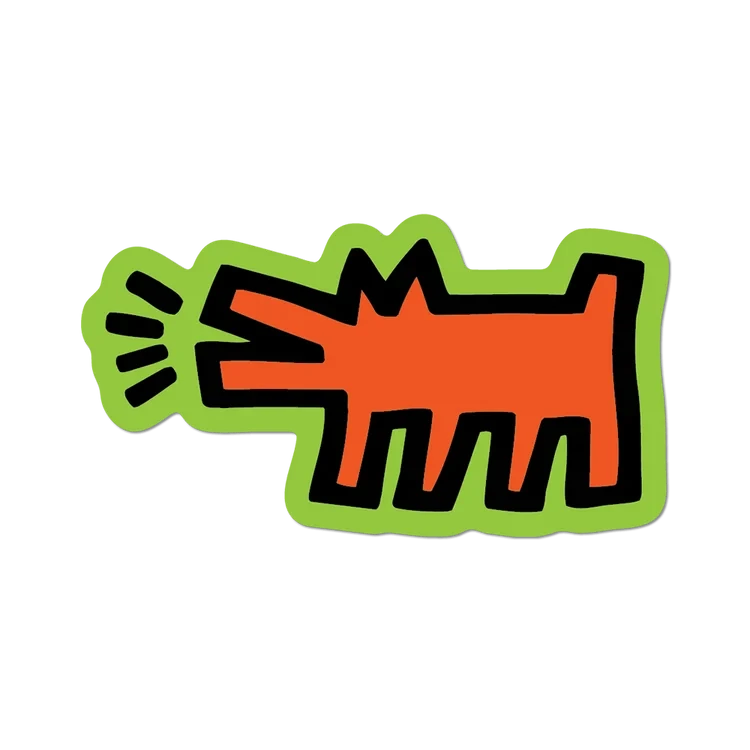 Keith Haring Orange Barking Dog Sticker on Green background