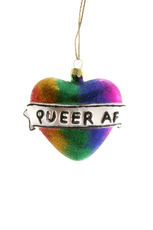 A heart ornament with rainbow stripes and a banner that says "Queer AF"
