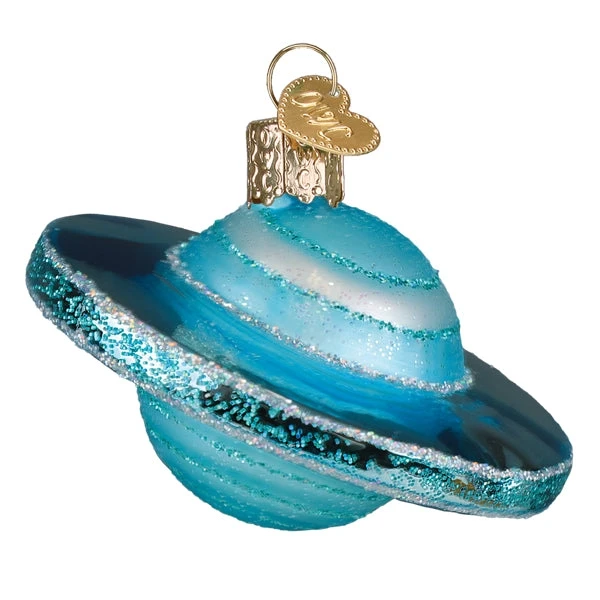 A blown-glass ornament in the shape of the planet Uranus from the side