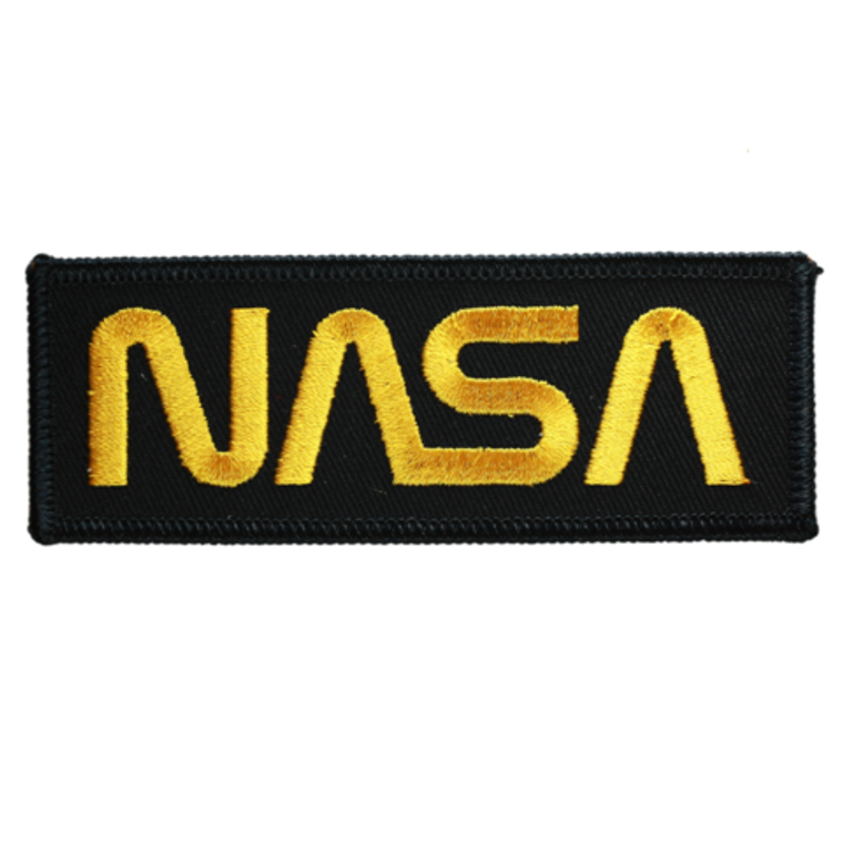 This image shows a rectangular patch that is black twill with gold thread NASA letters.