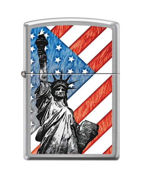 Zippo Lighter, 200 Reg Brush Finish Chrome, Statue Of Liberty Flag