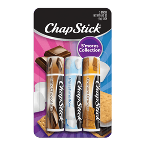 ChapStick® S'mores Collection three pack with Milk Chocolate, Marshmallow, Graham Cracker flavors.