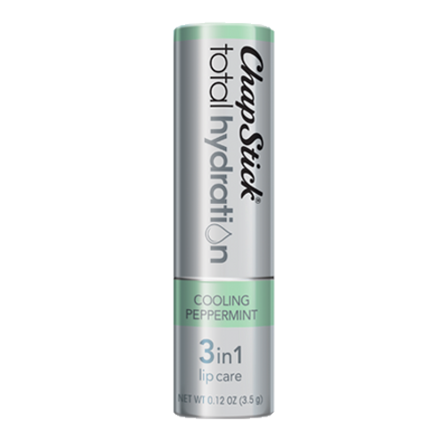 ChapStick® Total Hydration 3 in 1 Lip Care Cooling Peppermint lip balm in 0.12oz grey tube.