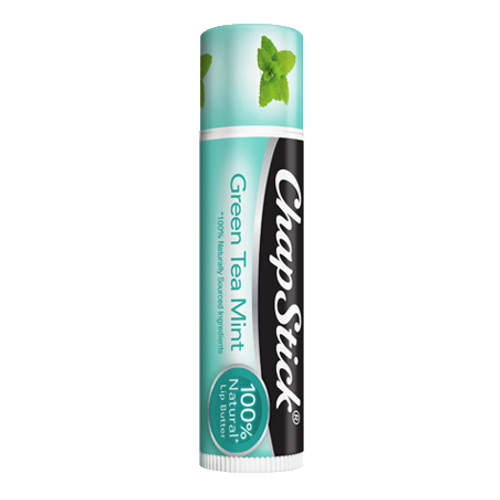 ChapStick® 100% Natural* Lip Butter Green Tea Mint flavor lip balm in aqua and white 0.15-ounce tube.