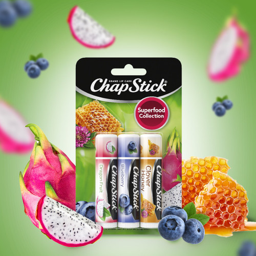 ChapStick SuperFood Lip Balm Sticks moisturize your lips while you enjoy a trio of powerful flavors.