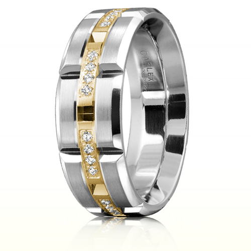 CARLEX WB-9319-S 18kt White Gold 7.5mm Comfort Fit Diamond Wedding Band with Yellow Gold Links (.16ct)