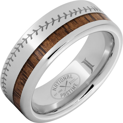 Jewelry Innovations Serinium® Ring with Vintage Hickory Baseball Bat Wood Inlay and Laser Engraved Baseball Stitching - RMSA007511