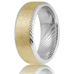 Damascus Steel Ring with 14K Yellow Gold Vertical Inlay and Black Diamond — Unique Titanium Wedding Rings